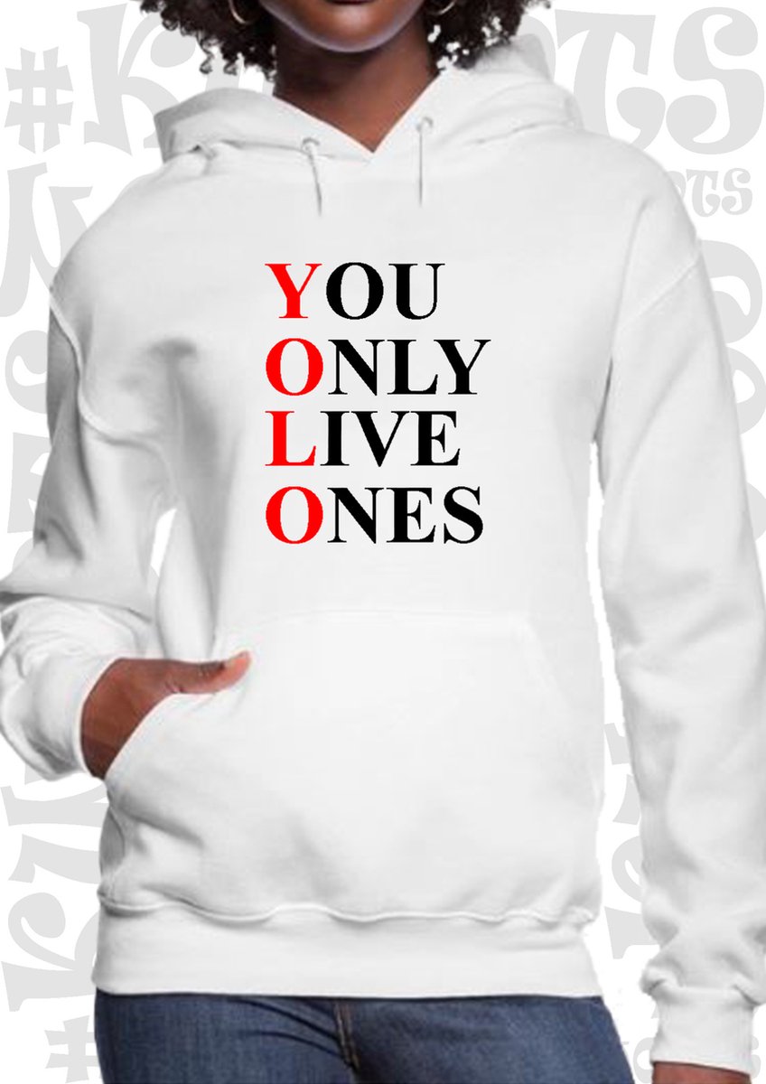 YOLO You Only Live Ones dames hoodie - Wit - Maat L - lange mouwen - Met capuchon & steekzakken - grappige teksten - leuke truien | sweaters - humor - quotes - kwoots - kado - cadeau - Carpe Diem - Geniet van het leven